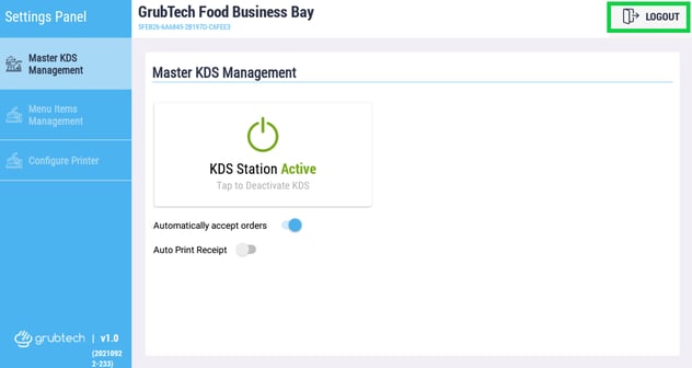 KDS master settings panel 